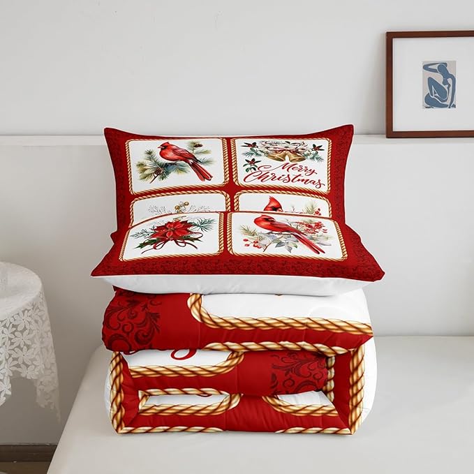 Castle Fairy Christmas Comforter Set Twin Size,Xmas Cardinals Floral Bells Checkered Bedding Set for Kids Boys Men,Cute Bird Watercolor Red Geometric Quilted Duvet Set with 1 Pillowcase