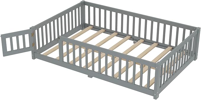 Bellemave Full Size Floor Bed with Rails for Kids, Girls, Boys, Pine,Plywood Floor Bed with slats and Door, Grey