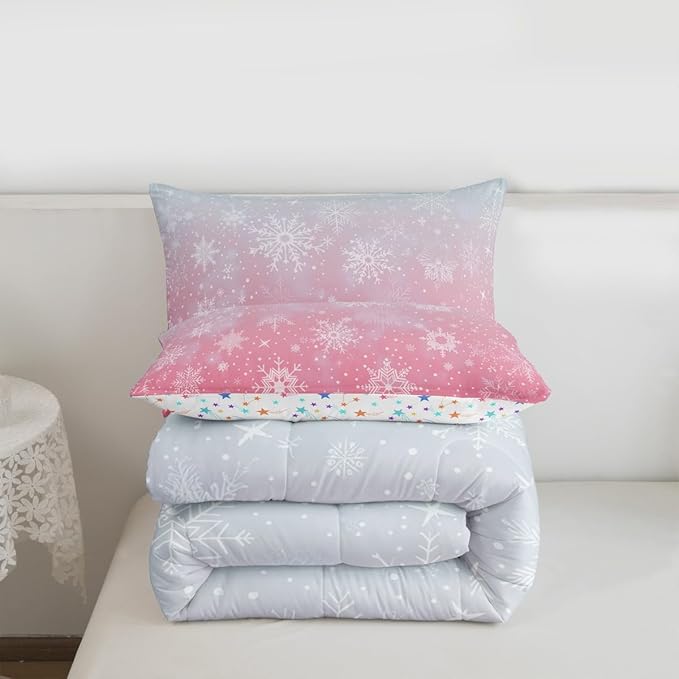 Feelyou Christmas Comforter Set Toddler Size Winter Snowflake Bedding Set for Kids Boys Girls Blue Pink Gradient Duvet Quilt Bedroom Decor Microfiber 2 Pcs with 1 Pillow Cases