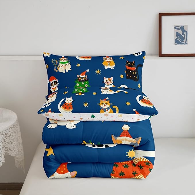 Erosebridal Merry Christmas Kids Cartoon Bedding Set Twin Size Cute Cat Comforter Set Xmas Tree Quilts for Teens Boys Girls Room Decor,Kawaii Animals Duvet Insert,Blue