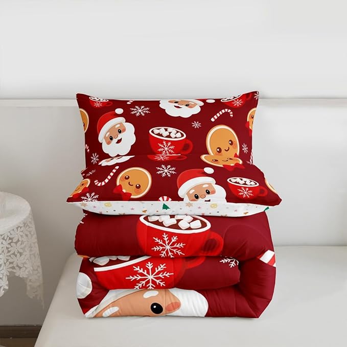 Feelyou Merry Christmas Comforter Set King Size Santa Claus Bedding Set for Kids Boys Girls Gingerbread Man Duvet Quilt Snowflake Bedroom Decor Microfiber 3 Pcs with 2 Pillow Cases