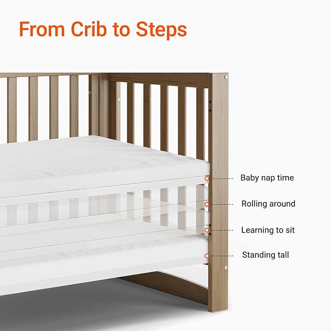 MAMAZING EvoNest Baby Crib, 6 in 1 Convertible Mini Crib with Wheels, 100% New Zealand Pinewood Growing Bed, 4 Adjustable Mattress Height,GREENGUARD Gold Certified,Brown