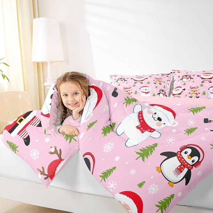 Feelyou Pink Christmas Bedding Set Soft for Boys Girls, Santa Claus Comforter Set Toddler Size Penguin Deer Duvet Quilt Microfiber Xmas Snowflake Tree Bedroom Decor 2 Pcs with 1 Pillow Cases