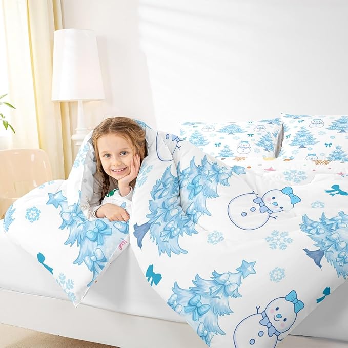 Feelyou Merry Christmas Bedding Set Soft for Boys Girls, Cute Snowman Comforter Set Queen Size Cartoon Bowknot Duvet Quilt Microfiber Christmas Tree 3 Pcs with 2 Pillow Cases