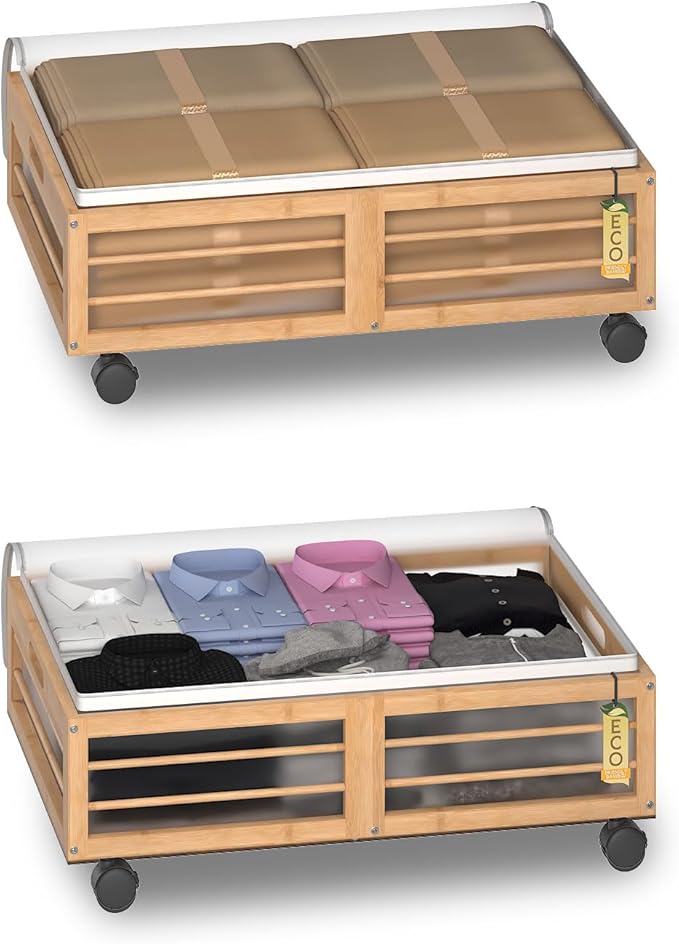Bamboo Underbed Storage Containers with Wheels & Bag 2 Pack, Large Under Bed Rolling Storage Bins Wood Under Bed Clothes Storage Stackable Drawers for Bedroom Closet Under Crib Toy(Natural)
