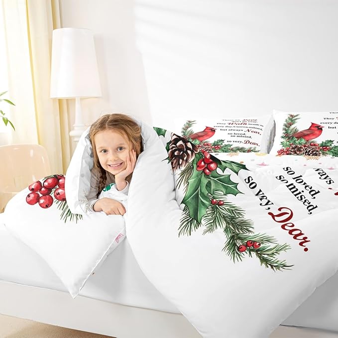 Red Cardinal Comforter Set Full Size,Christmas Birds Holly Pinecones Kids Bedding Set,Berries Poinsettia Rustic Animal Quilt Comforter,White Red Green Duvet Insert,2 Pillowcases