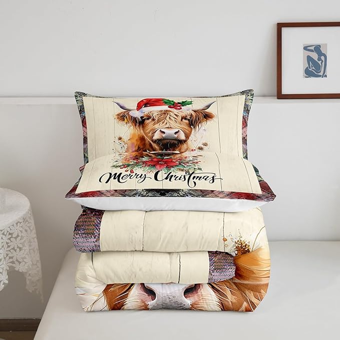 Highland Cattle Full Size Comforter Set,Merry Christmas Flowers Pine Trees Bedding Comforters Bedroom Collection,Rustic Farmhouse Wooden Grid Plaid Bedding Set for Girls Teens