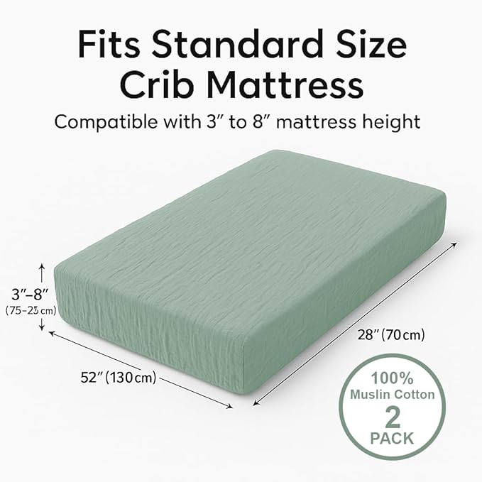 Crib Mattress Sheet Set of 2 Green & Beige, Premium Muslin Cotton, 52x28x9 Fitted Crib Sheets Snugly, Breathable & Soft for Safe Sleep, Stays Smooth After Wash