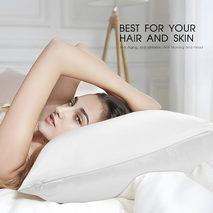100% Mulberry Silk Pillowcase with Hidden Zipper,Both Sides Pure Silk Breathable Pillow Case for Hair and Skin,19 Momme Grade 6A,1pc,Ivory White,Queen Size 20x30 Inches