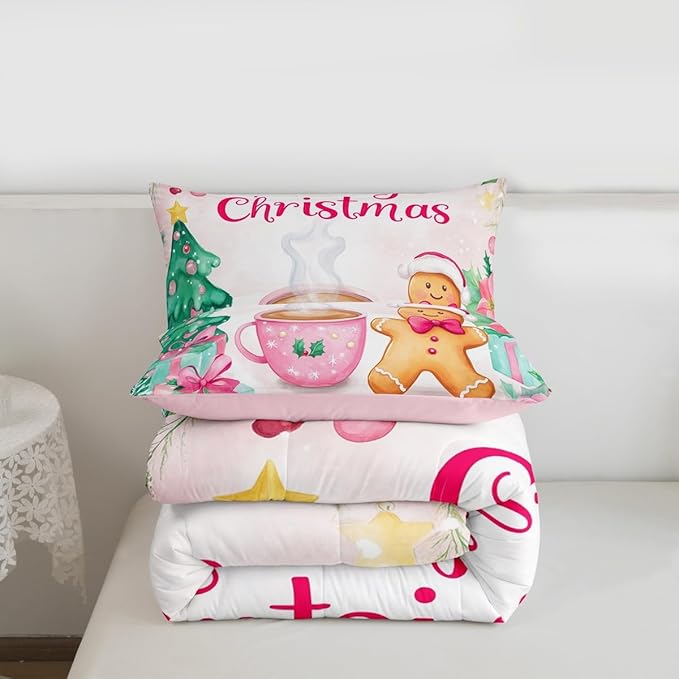 Feelyou Merry Christmas Bedding Set Soft for Boys Girls, Christmas Decor Comforter Set Toddler Size Gingerbread Man Duvet Quilt Microfiber Xmas Bedroom Decor 2 Pcs with 1 Pillow Cases