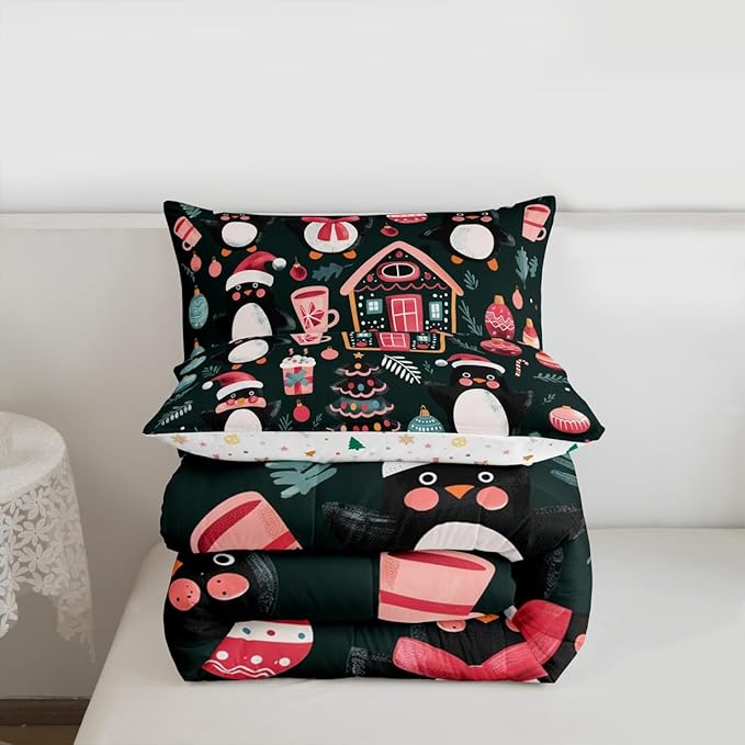 Feelyou Christmas Kids Comforter Set Full Size Xmas Tree Ball Bedding Set Penguin Duvet Quilt for Kids Boys Girls Bedroom Gingerbread Houses Decor Microfiber Ultra Soft Breathable