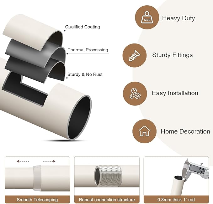 Modern White Curtain Rods for Windows 28 to 48 Inches Adjustable Length Heavy Duty 1" Diameter Window Curtain Rod with Decorative Finials for Outdoor Bedroom Kitchen Living Room