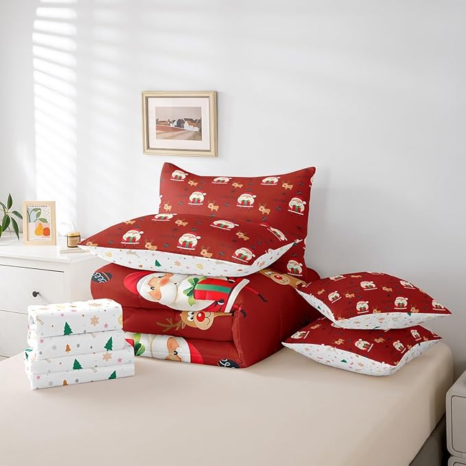 Santa Claus Bed Set Christmas Deer Bed in a Bag for Kids Boys Girls Winter Snowflake Comforter Set with Sheets Merry Christmas Khaki Red Bedding Set Bedroom Collection Queen Size