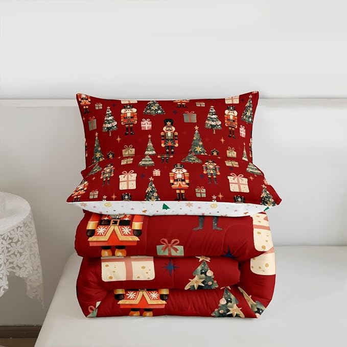 jejeloiu Xmas Nutcracker Comforter Set Full Size Christmas Red Bedding Set for Kids Boys Girls Cute Snowflakes Duvet Quilt Bedroom Decor