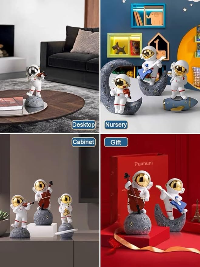Paimuni Astronaut Figurine Resin Spaceman Statue White Gold Sculpture for Bookshelf Office Desktop Living Room