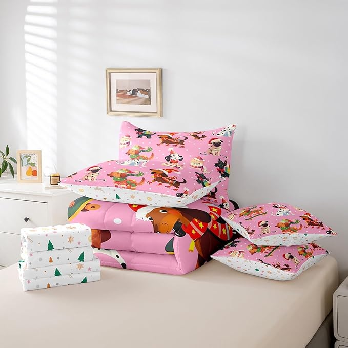 Feelyou Xmas Dog Bedding Set Cute Dog Christmas Style Comforter Set with Sheets 3D Animal Bed in a Bag for Boys Girls Children Teens Bedroom Decor Pink Bed Set 7Pcs Queen Size