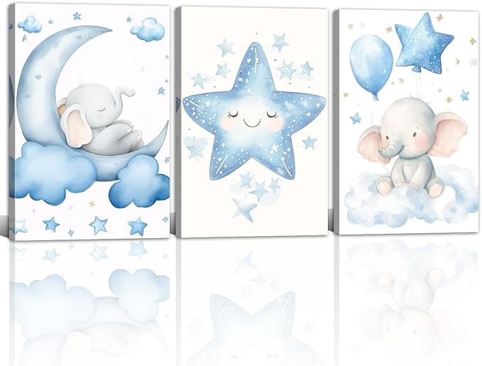 Nursery Wall Art Baby Boy Wall Decor Blue Elephant Moon and Stars Painting Prints Cute Animal Canvas Poster for Kids Room Decor Framed(Baby-2,16L x 24W x 3Pcs)
