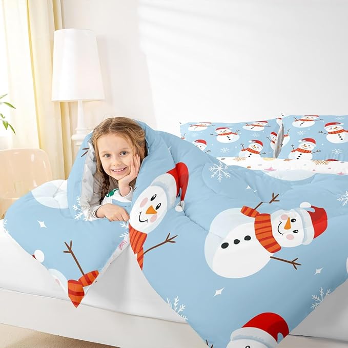 Feelyou Merry Christmas Bedding Set Soft for Boys Girls, Snowman Comforter Set King Size Snowflake Duvet Quilt Microfiber Bedroom Decor 3 Pcs with 2 Pillow Cases