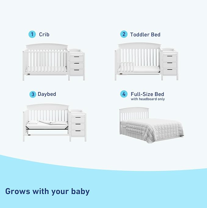 Graco Benton 4-in-1 Convertible Crib and Changer (White) – GREENGUARD Gold Certified, Crib & Changing Table Combo, Water-Resistant Changing Pad, Converts to Toddler Bed, Daybed and Full-Size Bed