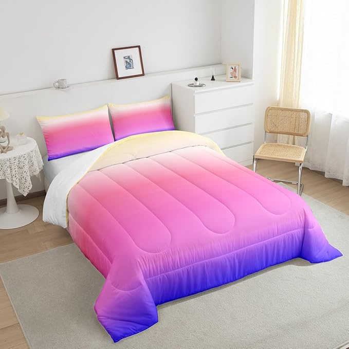 Feelyou Ombre Comforter Twin, Pink Purple Ombre Comforter Set for Boys Girls Rainbow Gradient Duvet Set 2Pcs
