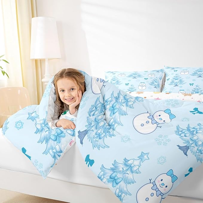 Feelyou Merry Christmas Comforter Set King Size Cute Snowman Bedding Set for Kids Boys Girls Cartoon Bowknot Duvet Quilt Christmas Tree Microfiber 3 Pcs with 2 Pillow Cases