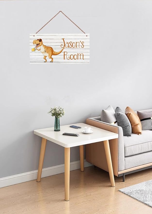Personalized Sign Cute Dinosaur Sign Cartoon Art Décor For Kids Room Custom Name Door Wall Decor, Floral Nursery Art Plate For Boys Room Girls Bedroom Little Man Cave