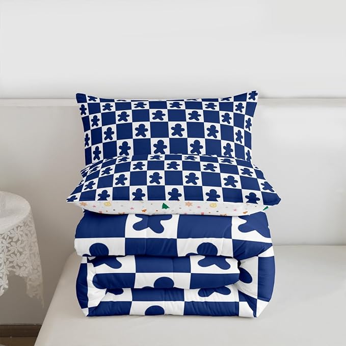 Feelyou Christmas Kids Comforter Set Queen Size Checkered Bedding Set Gingerbread Man Duvet Quilt for Kids Boys Girls Bedroom Xmas Decorations Decor Blue Microfiber Ultra Soft Breathable
