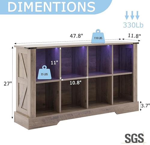 8 Cube Storage Organizer, Wood Cube Bookshelf with LED Lights, Horizontal Storage Cubes, Kids Bookshelf, Display Cabinet Cubby Shelf for Living Room Home Office Bedroom, Grey
