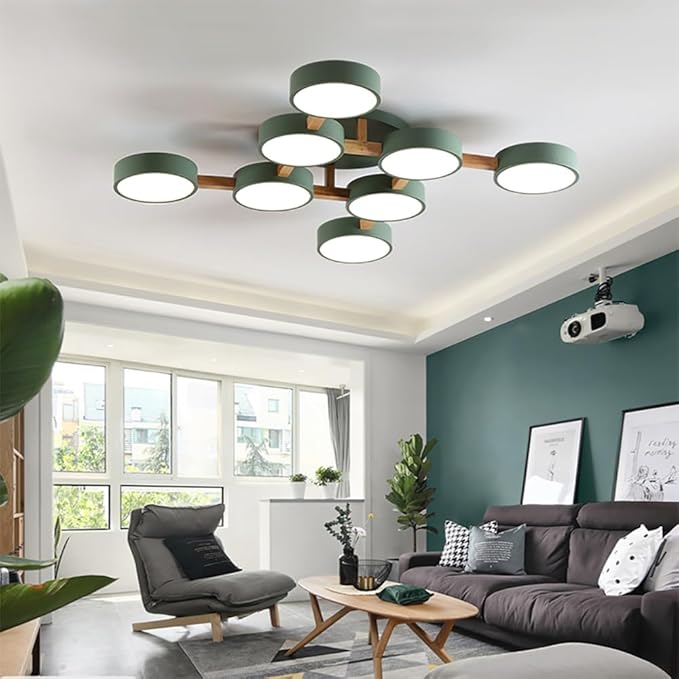 LED Flush Mount Ceiling Light Fixture with 3000K/4000K/6000K Temperatures Selectable,44Inch 96W Chandelier Modern Wood Ceiling Lamp for Bedroom Kitchen, 8-Lights Indoor Lighting Green Pendant Light