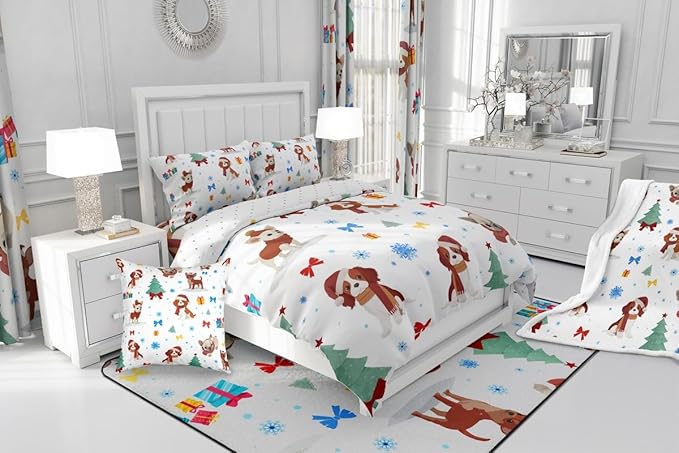 Feelyou Christmas Puppy Comforter Set All Season Festive Pet Bedding Set with 1 Pillow Cases Cute Dog Kids Twin Bedclothes Xmas Tree Snowflake Bedroom Decor Duvet Quilt Breathable Soft Lightweight