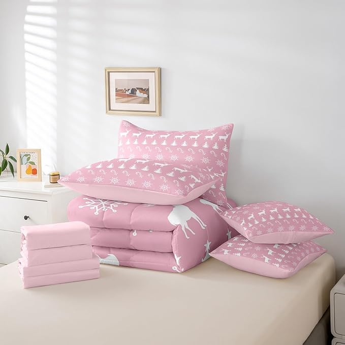 Erosebridal Christmas Twin Bedding Set 7 Piece,Xmas Elk Deer Bed in A Bag,Candy Snowflake Comforter Set Pine Tree Woodland Animals Sheet Set with Comforter,Pink Christmas Decoration