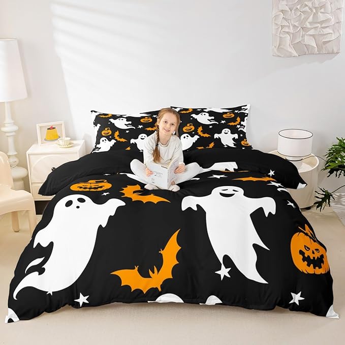 Halloween Bedding Duvet Cover Set Kids Cartoon Ghost Pumpkin Lantern Bedding Set Kids Trick or Treat Decor Comforter Cover Set Microfiber Bat Galaxy Night Bedspread Cover Bedroom Bedclothes Toddler