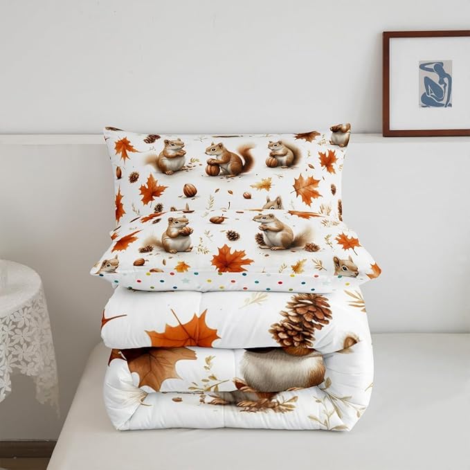 Feelyou Boys Girls Fall Autumn Duvet Cover Twin Size, Cute Squirrel Comforter Set Cartoon Animal Comforter Cover Kids Maple Leaf Teens Bedspread Cover Bedroom Decor Bed Set 2Pcs