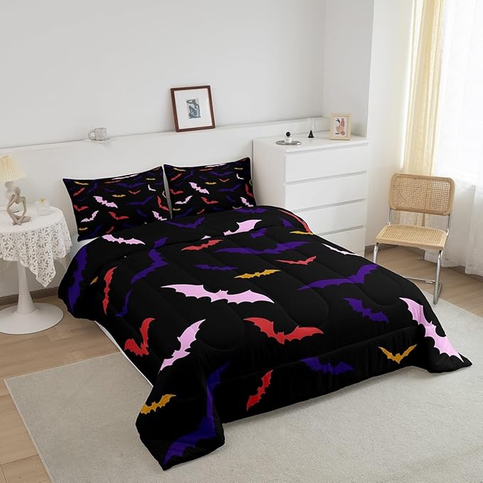 Erosebridal Bat Bedding Set Full Size for Kids Children Happy Halloween Comforter Set Flying Bat Quilt Gothic Spooky Down Comforter with 2 Pillow Cases,Purple and Pink