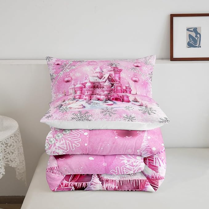 Pink Castle Comforter Set King Size,Cartoon Fairy Tale Theme Watercolor Bedding Set All Season Quilt Set,Christmas Winter Silver Snowflakes Microfiber Polyester Down Comforter