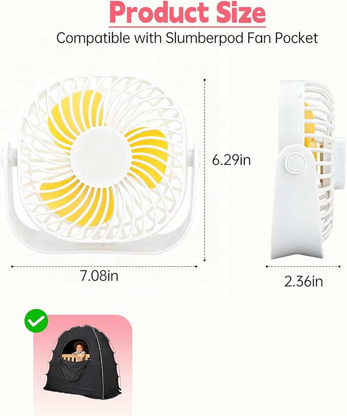 Fan Compatible with Slumberpod Blackout Sleep Tent, USB Small Desk Fan, 2 Speed 360°Rotate, Portable and Lightweight Compatible with Blackout Tent Mesh Pocket, Smooth Air Circulation for Sleeping