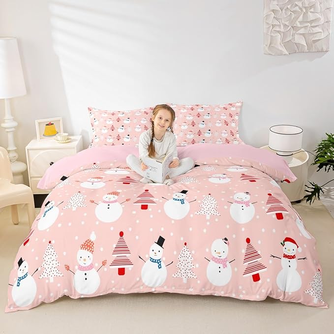 Christmas Duvet Cover Cartoon Snowman Christmas Tree Bedding Set Snowflake Comforter Cover for Boys Girls Children Teens Bedroom Decor Pink Xmas Theme Bedspread Cover Toddler Size With 1 Pillow Case