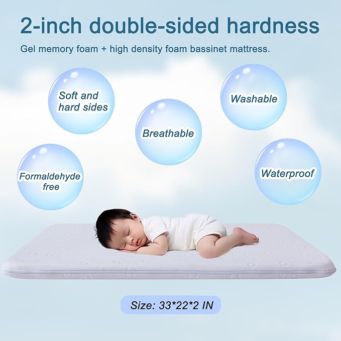 Baby Bassinet Mattress Pad, 33" x 20" x 2" Dual Sided Gel Memory Foam Mattress with Breathable Removable Soft Cover Fit for Mika Micky/KoolerThings/Baby Delight Bassinet