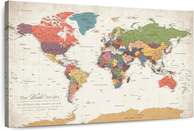 ElephantStock - Personalized World Awaits II Push Pin World Map Wall Art - Horizontal Canvas Wall Art - Living Room Wall Decor - Digital Art Map Canvas Art - Green And Beige Decor - 51" x 34"