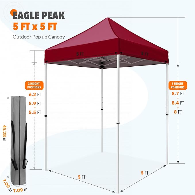 EAGLE PEAK 5x5 Pop Up Canopy Tent Instant Outdoor Canopy Easy Set-up Straight Leg Folding Shelter, Burgundy