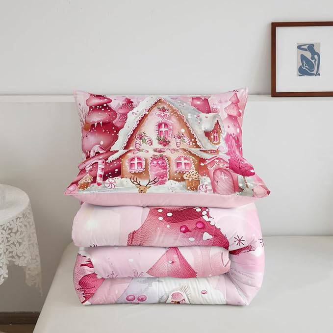 jejeloiu Kids Christmas Theme Comforter Set Toddler Pink Xmas Candy Cane House Bedding Set for Boys Girls Teens Cute Cartoon Deer Winter Animal Happy New Year Duvet Quilt Room Decor
