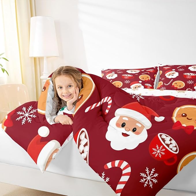 Feelyou Merry Christmas Comforter Set Queen Size Santa Claus Bedding Set for Kids Boys Girls Gingerbread Man Duvet Quilt Snowflake Bedroom Decor Microfiber 3 Pcs with 2 Pillow Cases