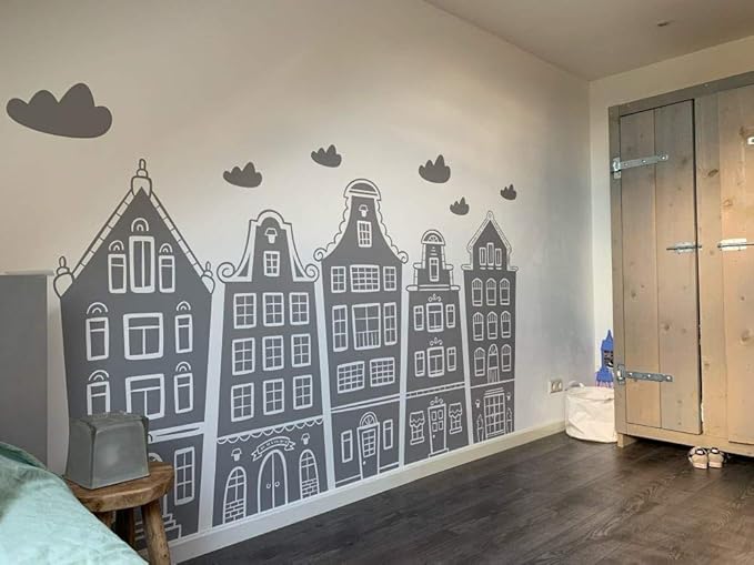 Scandinavian Houses & Clouds Decal Nursery Kids Playroom Wall Sticker Baby Amsterdam Room Decor BA765 (Grey, 100X59inches)