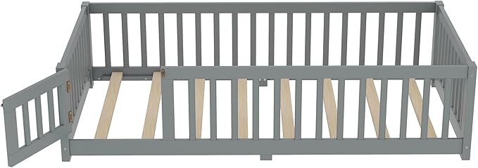 Bellemave Twin Size Floor Bed with Rails for Kids, Girls, Boys, Pine,Plywood Floor Bed with slats and Door, Grey