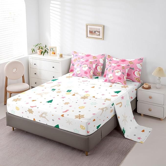 Christmas Gingerbread Man Kids Bedding Set Cartoon Christmas Santa Claus Comforter Set with Sheets for Boys Children Decor Pink Bed in a Bag New Year Bed Set 7Pcs King Size