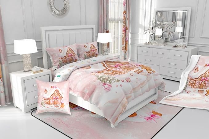 Feelyou Gingerbread House Kids Comforter Set Queen Size Gingerbread Man Bedding Set Christmas Tree Duvet Quilt for Kids Boys Girls Bedroom Pink Bow Decor Snowflake Microfiber Ultra Soft Breathable