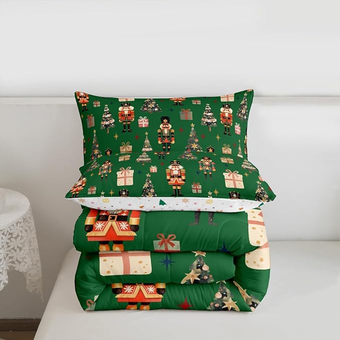 jejeloiu Xmas Nutcracker Comforter Set Toddler Size Christmas Green Bedding Set for Kids Boys Girls Cute Snowflakes Duvet Quilt Bedroom Decor