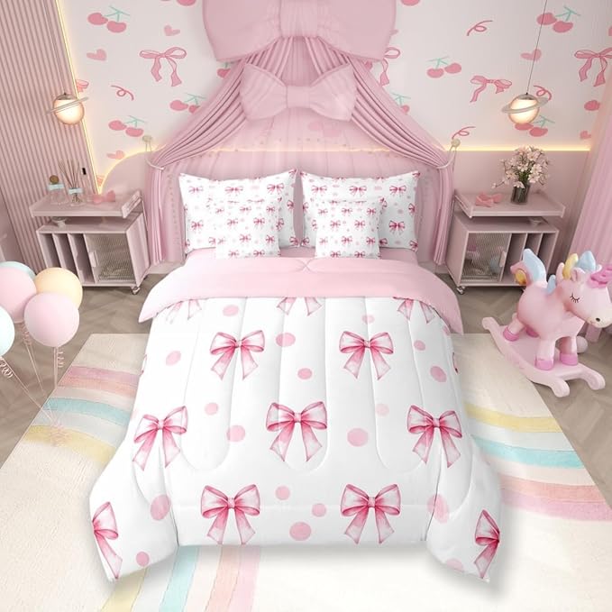 7 Pieces Pink Bow Princess Comforter Full,Bowknot Geometric Dots Toddler Bedding Set,Butterfly Knot Bow Tie Romantic White Simple（Comforter+Fitted+Flat Sheet+2 Pillowcases+2 Throw Pillow Covers）