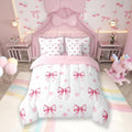 7 Pieces Pink Bow Princess Comforter Twin,Bowknot Geometric Dots Toddler Bedding Set,Butterfly Knot Bow Tie Romantic White Simple（Comforter+Fitted+Flat Sheet+2 Pillowcases+2 Throw Pillow Covers）