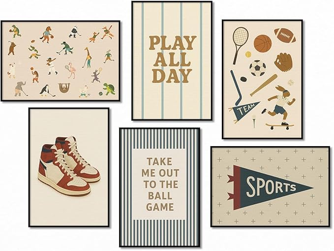 Sports Posters for Boys Bedroom, Boy Nursery Canvas Wall Art, Cute Animal Athletes & Sports Equipment Pictures, Charming Quotes Take Me Out To The Ball Game Play All Day Print 12x16in Framed